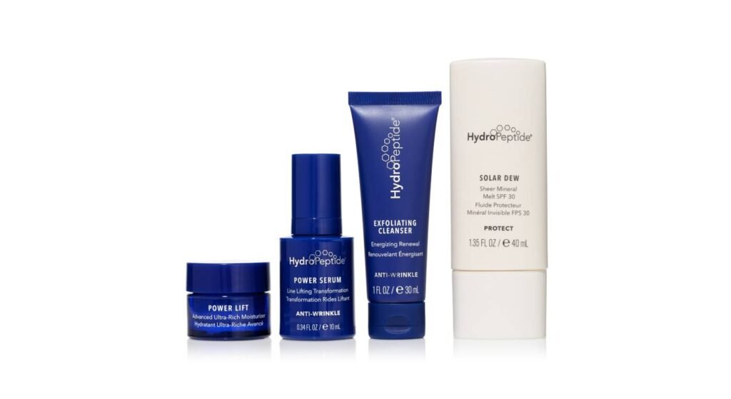Four of HydroPeptide's brand skincare products including Power Lift moisturiser, Power Serum, Exfoliating Cleanser, and Solar Dew sunscreen.