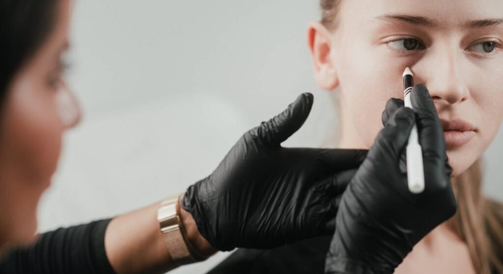 Dr. Lauren marks areas of her patient's face suitable for an anti-wrinkle treatment.