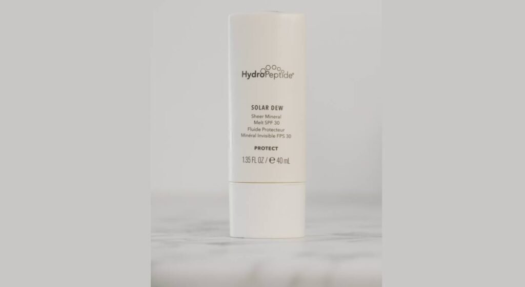 Skincare brand, HydroPeptide's, Solar Dew sheer mineral SPF 30 sunscreen.