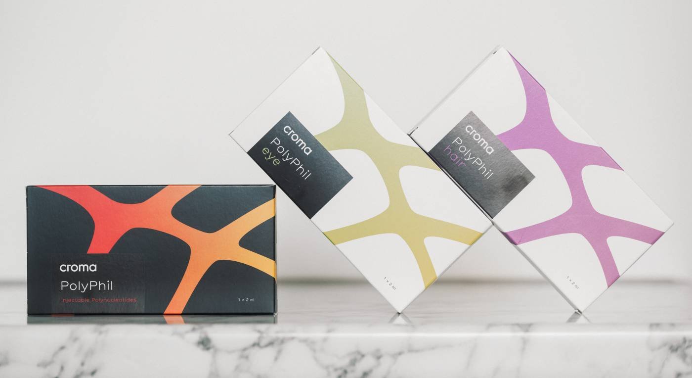 Boxes of Croma PolyPhil injectable polynucleotides inlcuding for eyes and hair.