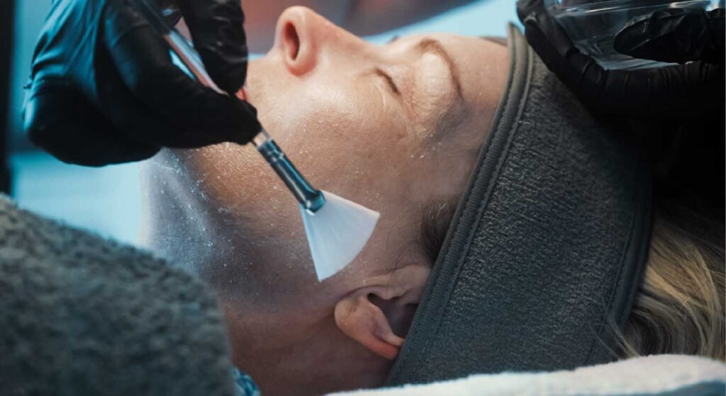 Skin Therapist Lynn applying a peel on a patient's face.