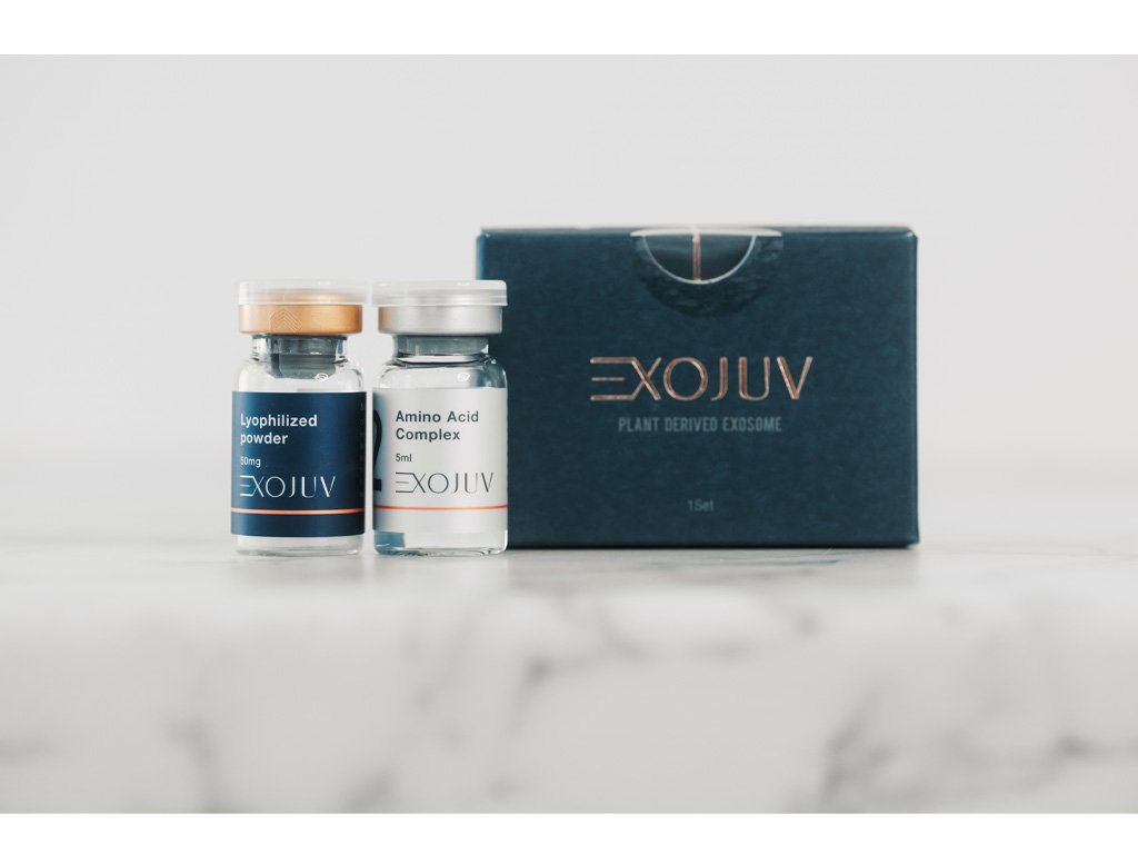 Two vials and their box of Exojuv, plant-derived exosomes.