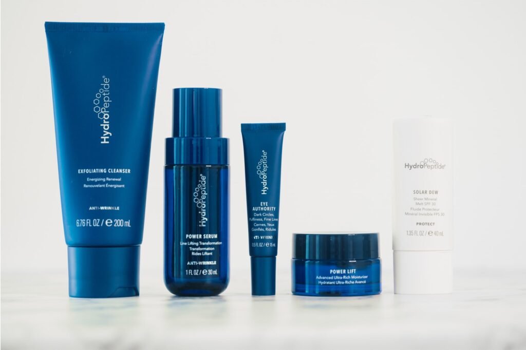 Five products from HydroPeptide’s skincare range.