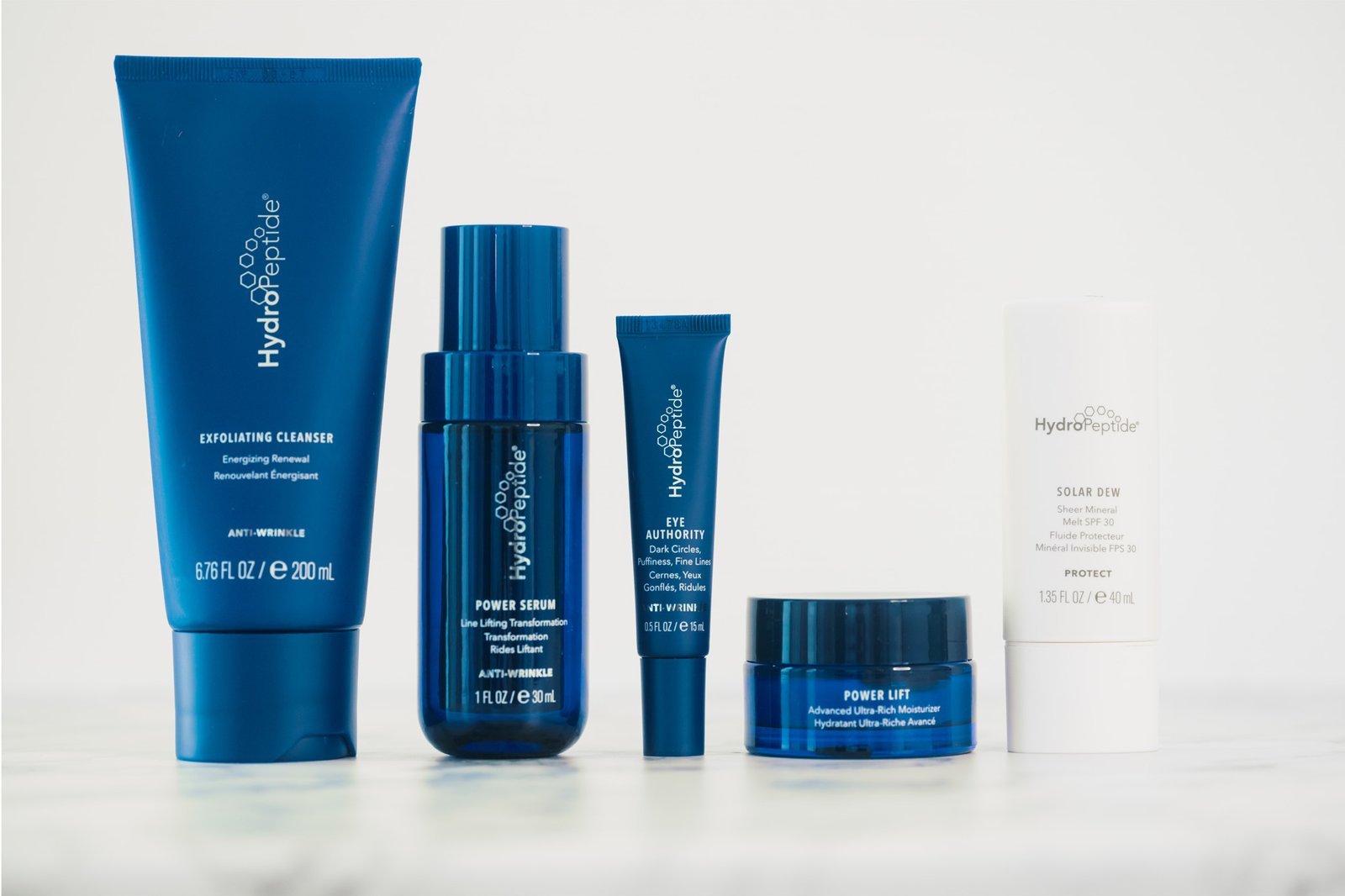 Five products from HydroPeptide’s skincare range.