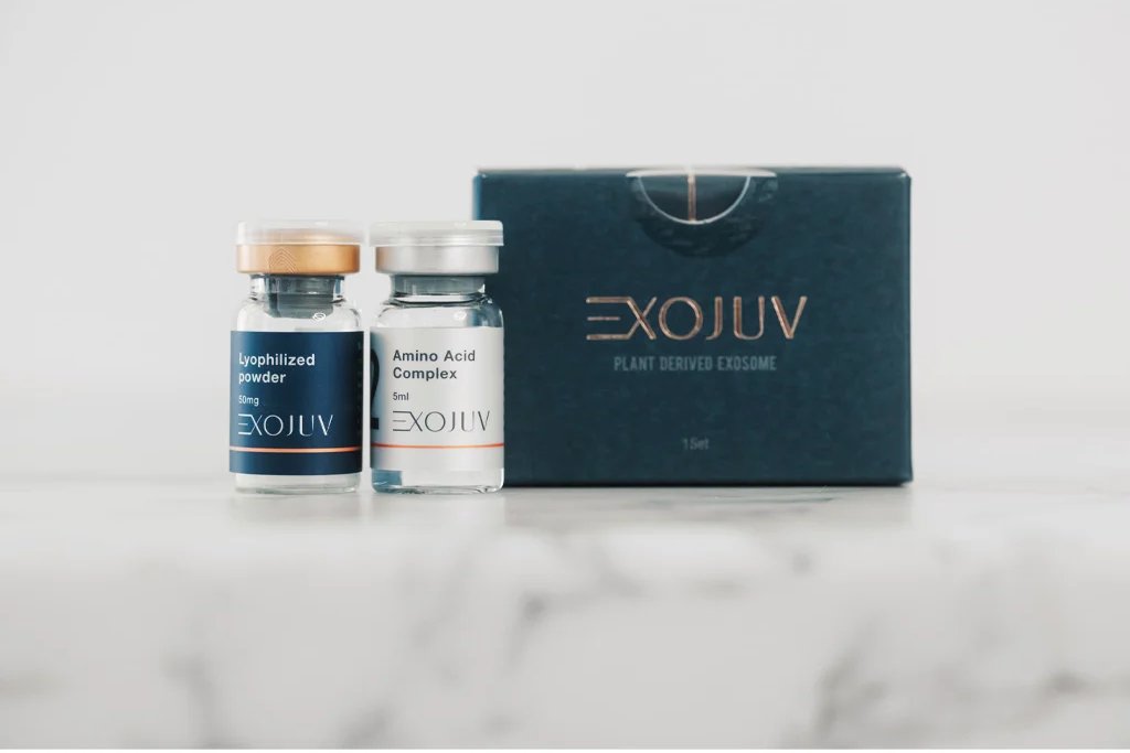 Two vials and their box of Exojuv, plant-derived exosomes.
