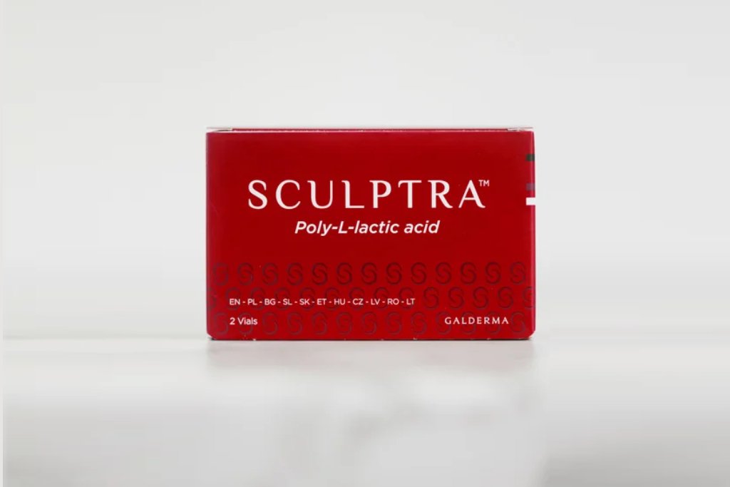 A box of Sculptra, which is an injectable poly-L-lactic acid (PLLA) collagen stimulator.