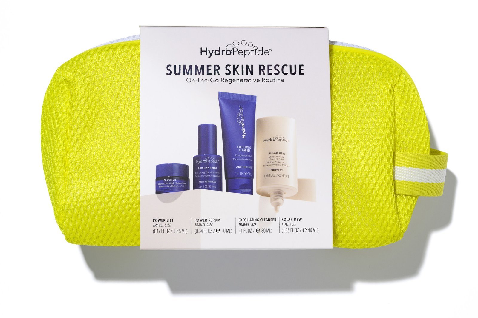 A skincare pouch with HydroPeptide products in it including SPF.