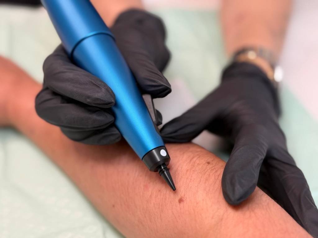 A Skin Therapist at Dr Lauren's clinic checking a patient's face for any mole.